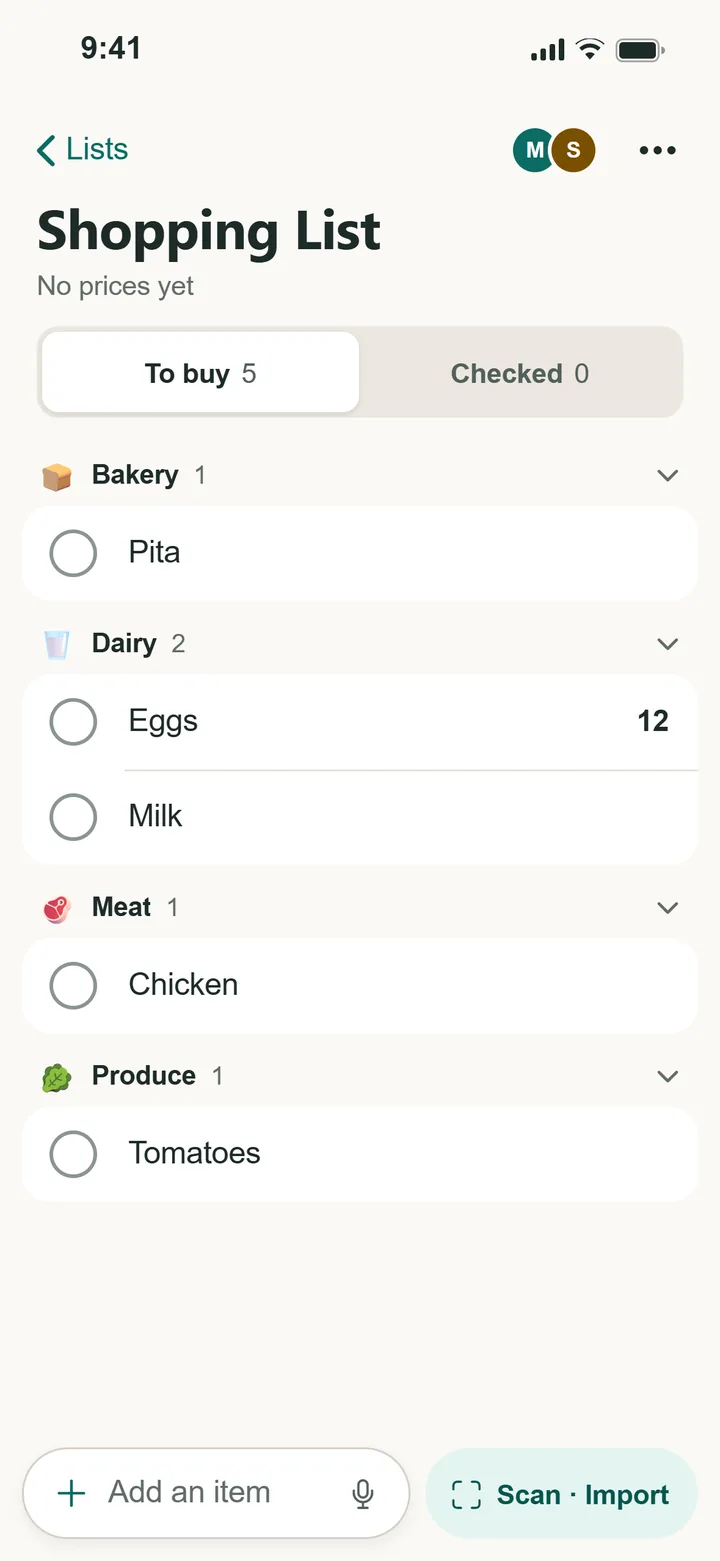 A shared Kartov shopping list with items sorted into Bakery, Dairy, Meat and Produce