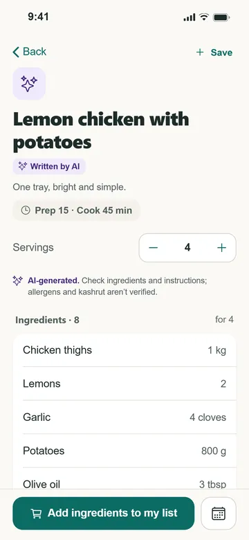 A recipe for lemon chicken with potatoes, marked Written by AI, with a note to check ingredients and allergens.