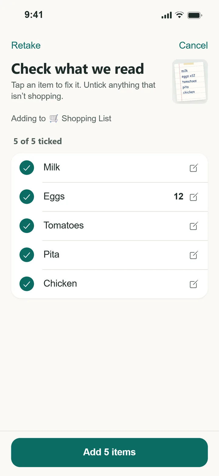 Kartov's review screen showing milk, eggs 12, tomatoes, pita and chicken read from a handwritten list
