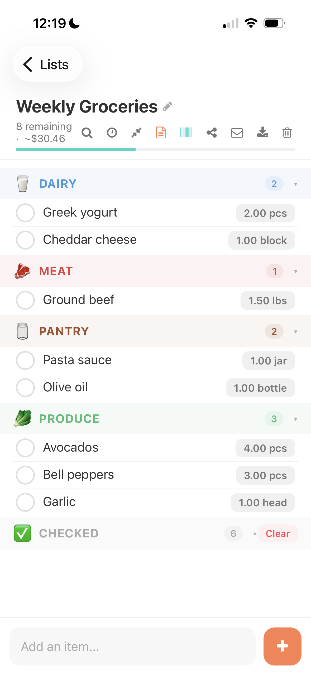 Shopping list with categories