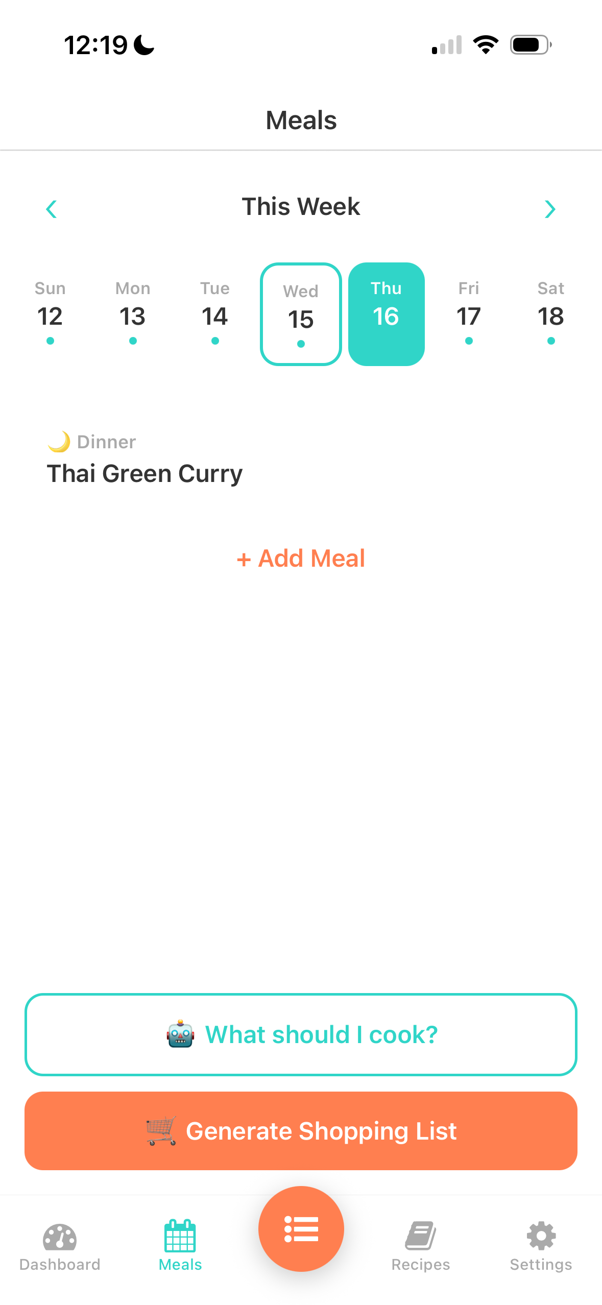 Meal planning calendar
